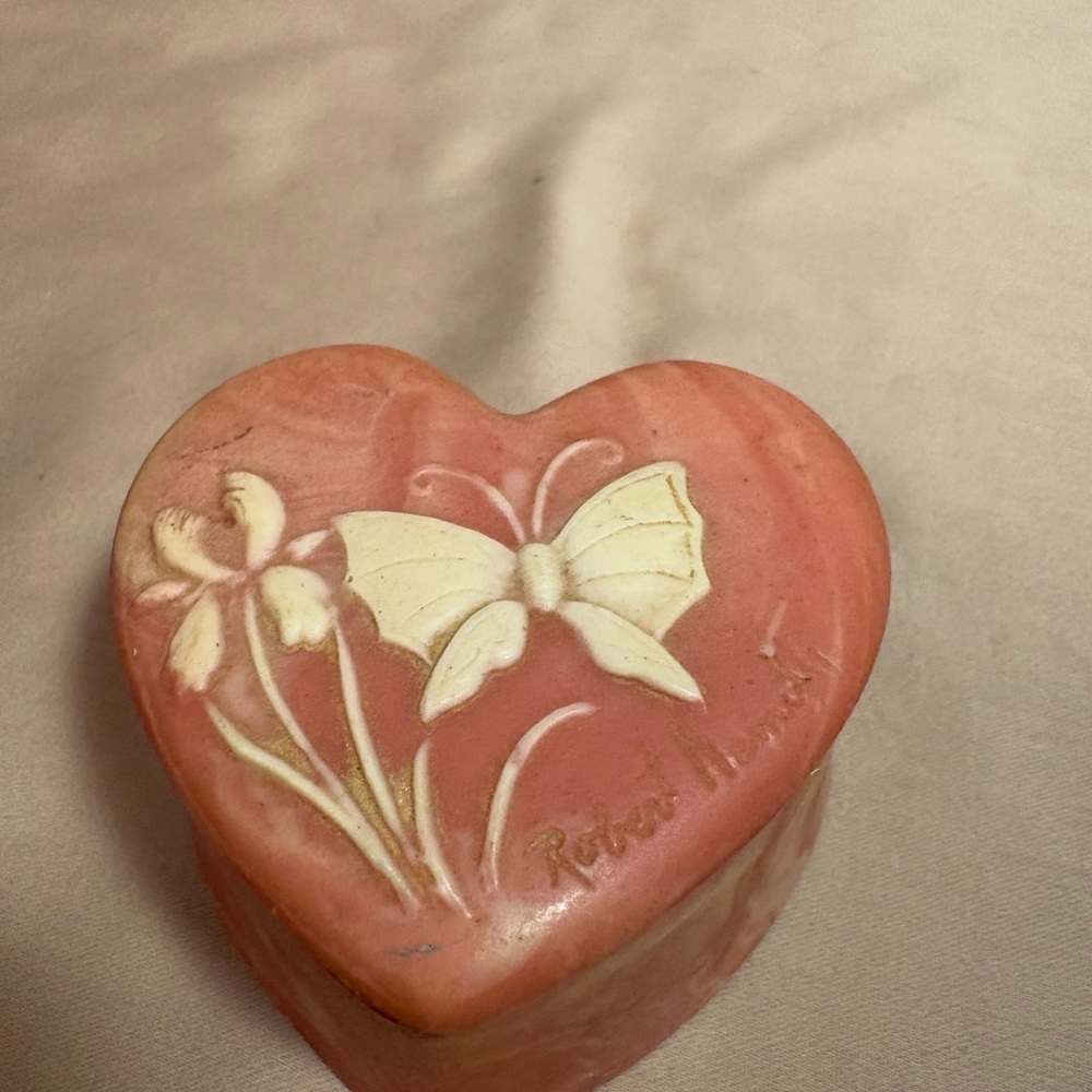 Vintage Robert Nemith Heart Shape Trinket Box Pink Soapstone 3" Butterfly Flower